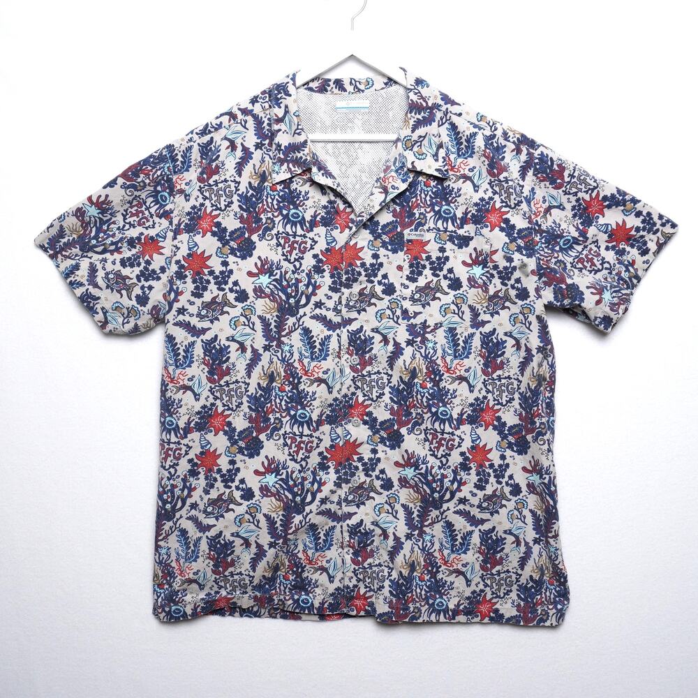 Columbia PFG‎ Blue and Red Coral Scene Graphic Fishing Shirt XL